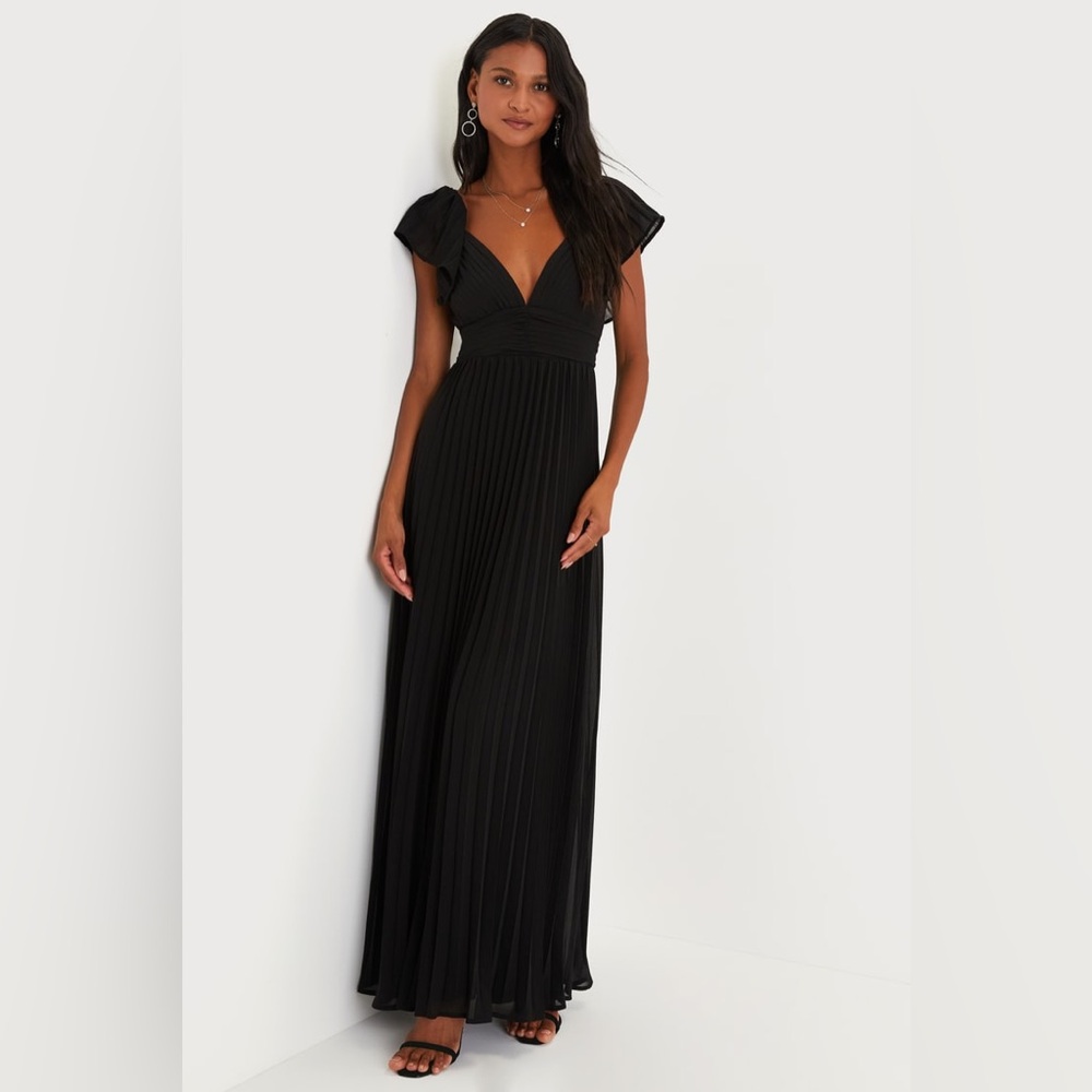 Lulus-Ideal Occasion Black Pleated Flutter Sleeve Backless Maxi Dress